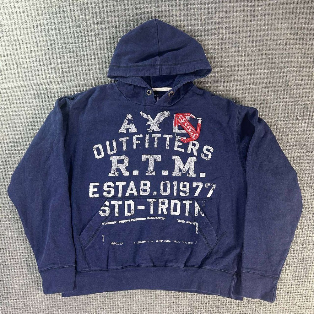 American Eagle Outfitters Hoodie Mens Large Navy Blue Vintage Fit Graphic Y2K